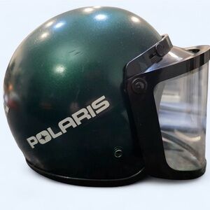 VINTAGE POLARIS Sno Rider green snowmobile helmet with clear visor & chin strap